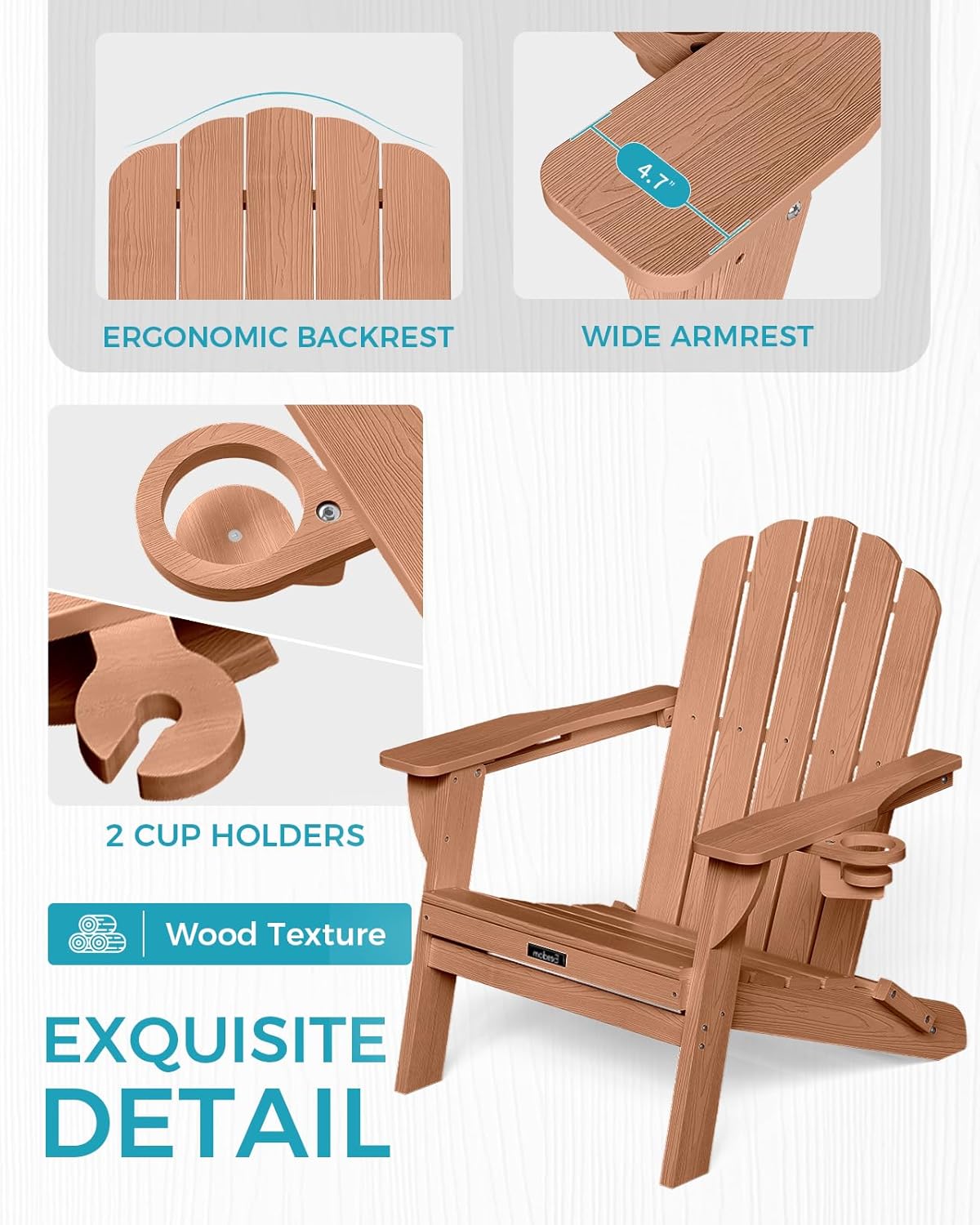 Folding Adirondack Chairs Set of 2, All-Weather HDPE Fire Pit Chair with 2 Cup Holders, Plastic Outdoor Chair for Patio Deck Garden Lawn, Teak