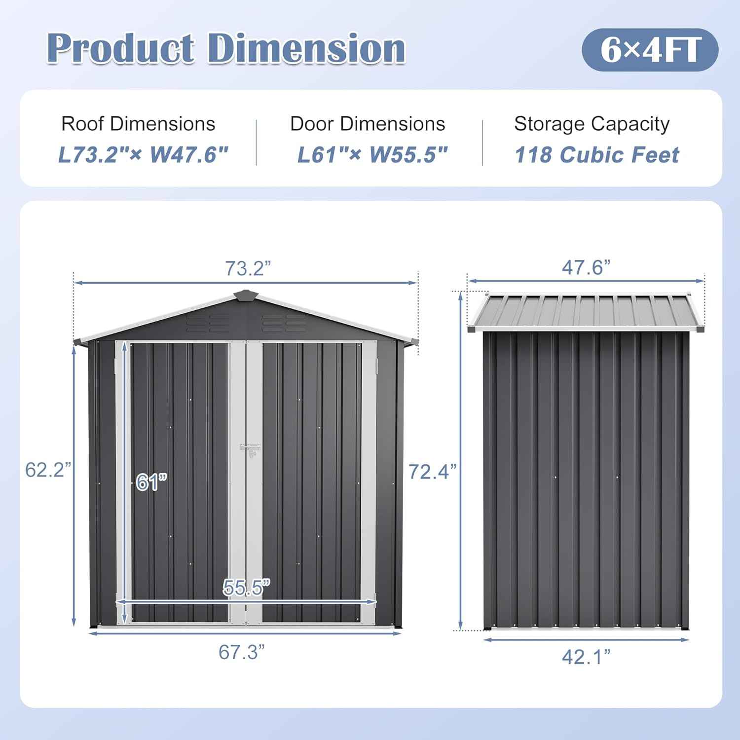 6'x4' Outdoor Storage Shed, 6x4 FT Galvanized Metal Garden Shed with Lockable Double Door & Floor Base, All-Weather Utility Tool Shed with 4 Vents for Backyard, Patio, Lawn, Gray
