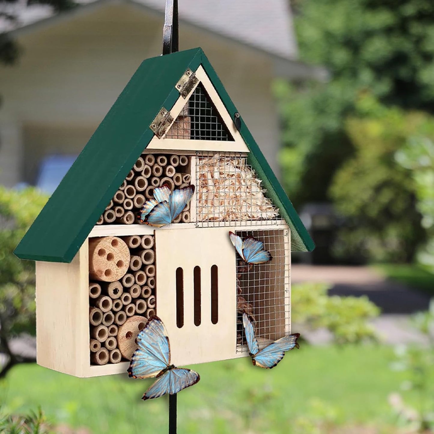 Bee House Hanging Insect Hotel – Natural Wooden Bee Hotel for Outdoors, DIY Insect Shelter for Garden, Yard, or Balcony – Attracts Pollinators Like Bees, Butterflies & Ladybugs