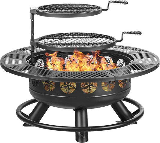 36 Inch Fire Pit with 2 Cooking Grills,Outdoor Wood Burning BBQ Firepit with Lid, 3-in-1 Outdoor Fire Pit for Backyard Deck Bonfire Patio Picnic(Black)