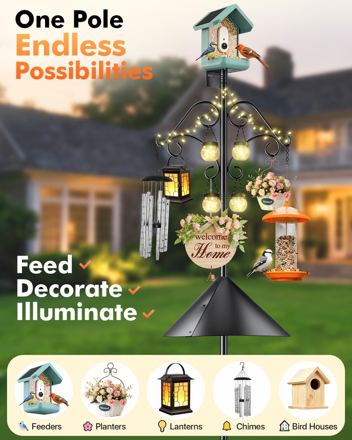 92 Inch Squirrel Proof Bird Feeder Pole with Baffle, 7-Prong Base Heavy Duty Bird House Pole with Shepherd Hooks for Outdoors Adjustable Yard Bird Feeding Station for Hanging Camera Bird Feeders Plant