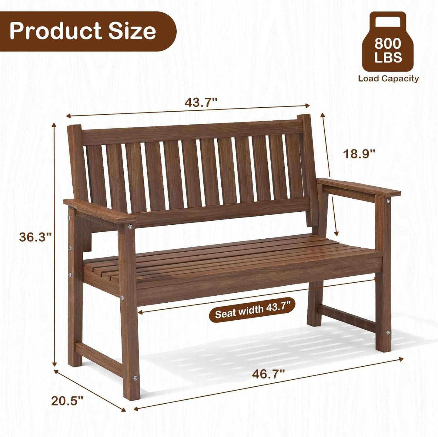 Outdoor Bench, 2-Person Garden Bench, Poly Lumber Patio Bench for Outdoors, Porch, and Park (Brown)