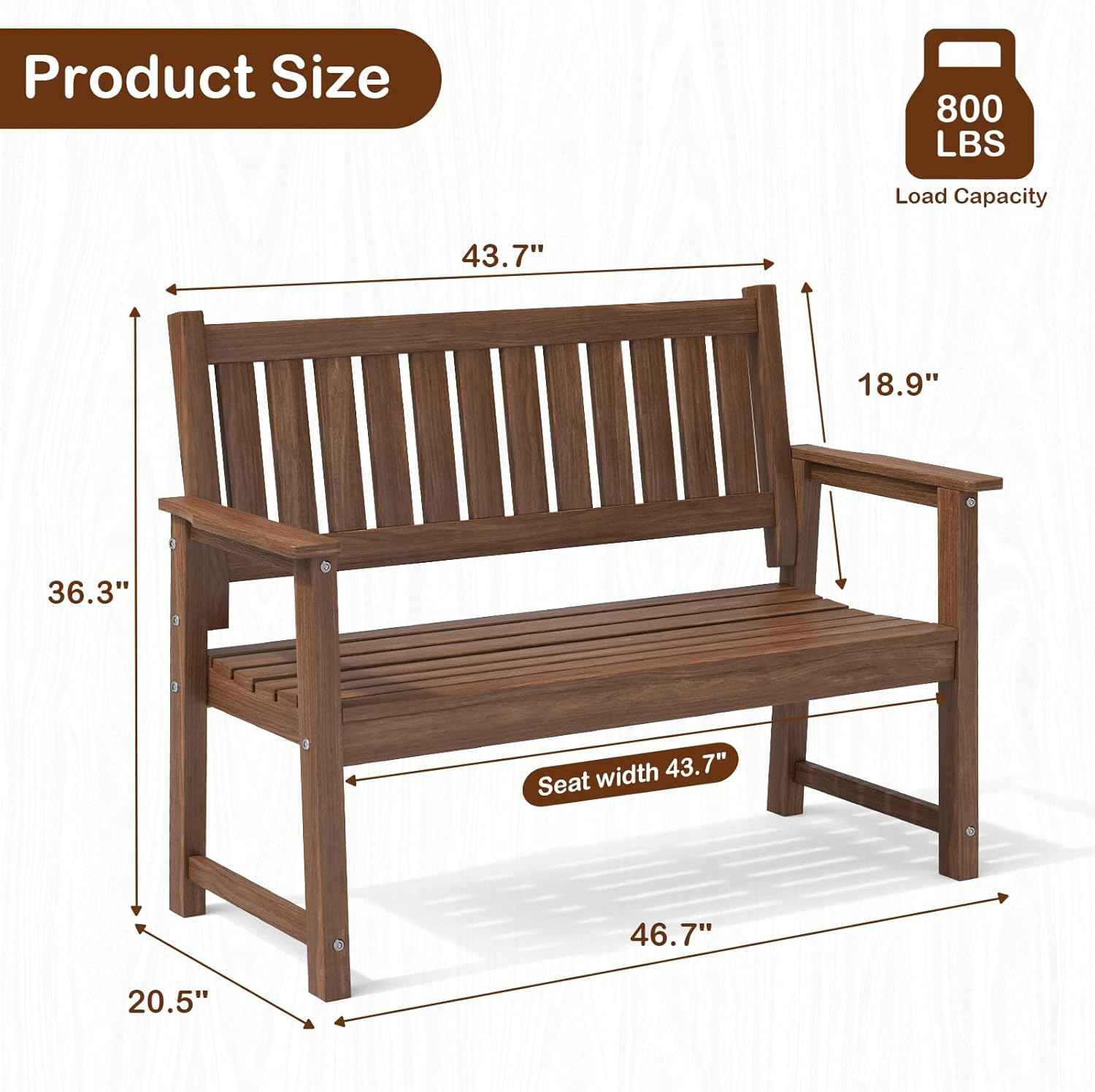Outdoor Bench, 2-Person Garden Bench, Poly Lumber Patio Bench for Outdoors, Porch, and Park (Brown)