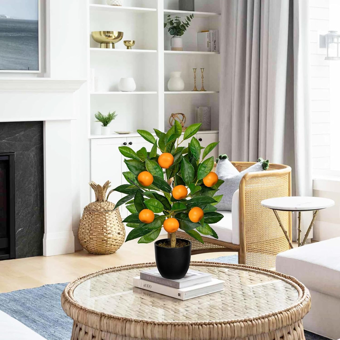 Artificial Potted Plants 15.7 inches Fake Orange Tree Artificial Citrus Fruit Plant with Black Pot Faux Plants Indoor for Home,Office, Living Room Table, Desk