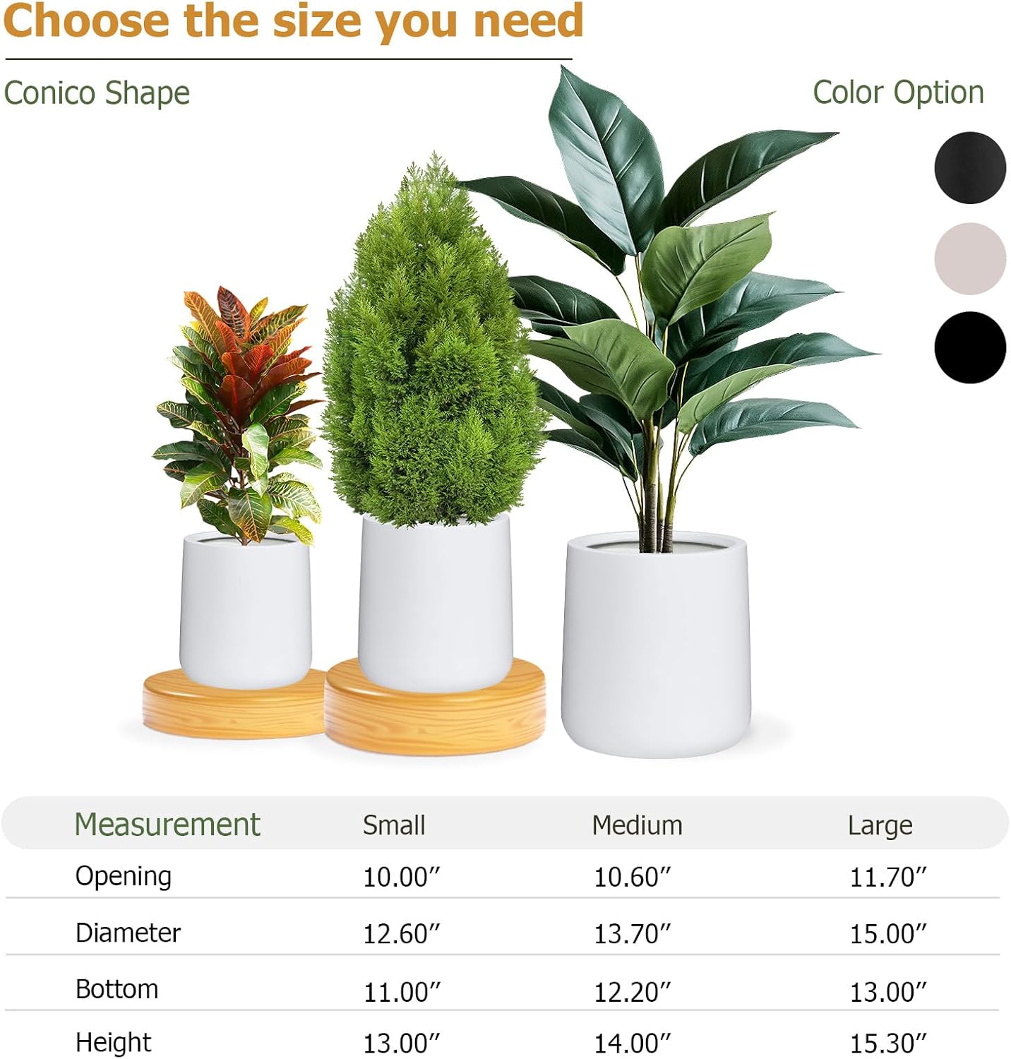 15.3" H x 15" D Conico Fiberstone Round Planter with Drainage Hole, Smooth Finishes, Weather Resistant for Indoor and Outdoor Use, Included 2 Extra Coco Mats (White, 11.7" Pot Opening)