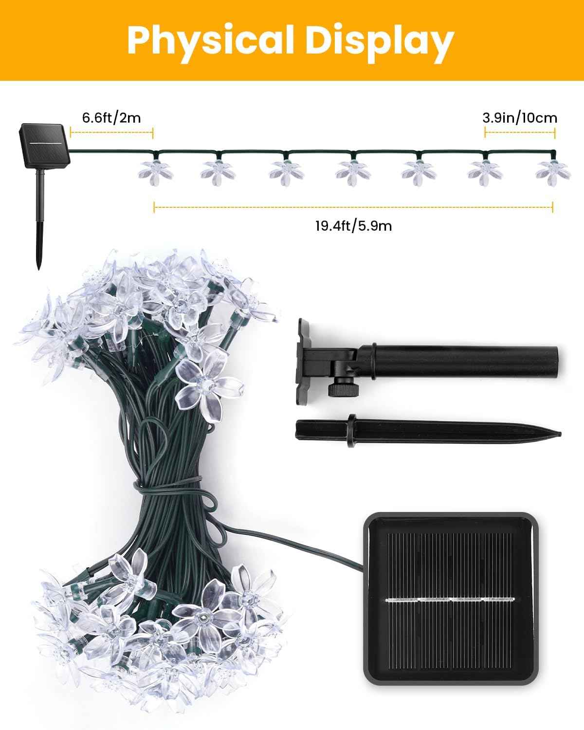 Brightown 60 LED Solar String Lights Flower Outdoor Waterproof Fairy Lights for Garden Yard Fence Patio Christmas Tree Wedding Party Decor, Warm White