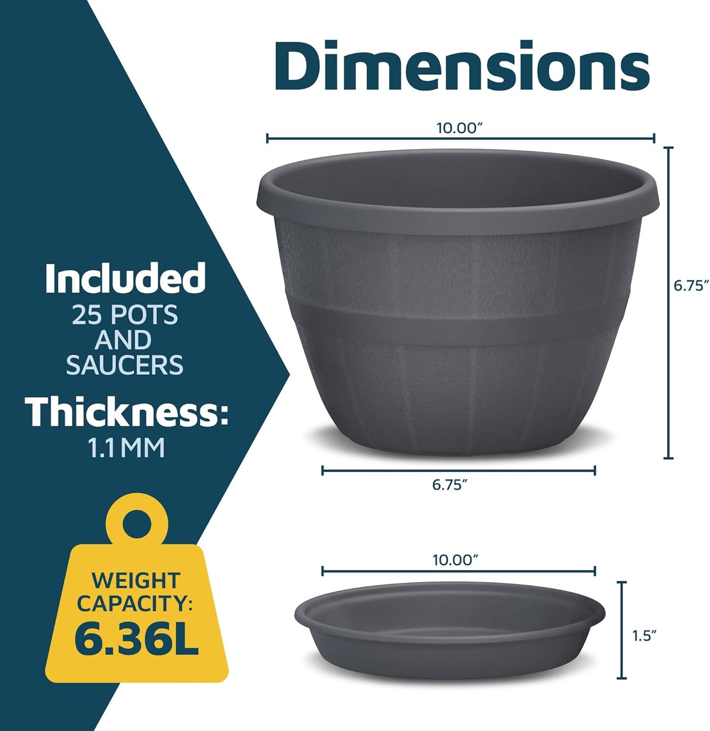 10-Inch Whiskey Barrel Planters Outdoor Pack of 25 - Durable Plastic Plant Pots for Indoor & Outdoor Use with Drainage & Saucer, Lightweight Rustic Barrel Planters for Flowers, Herbs & Small Plants