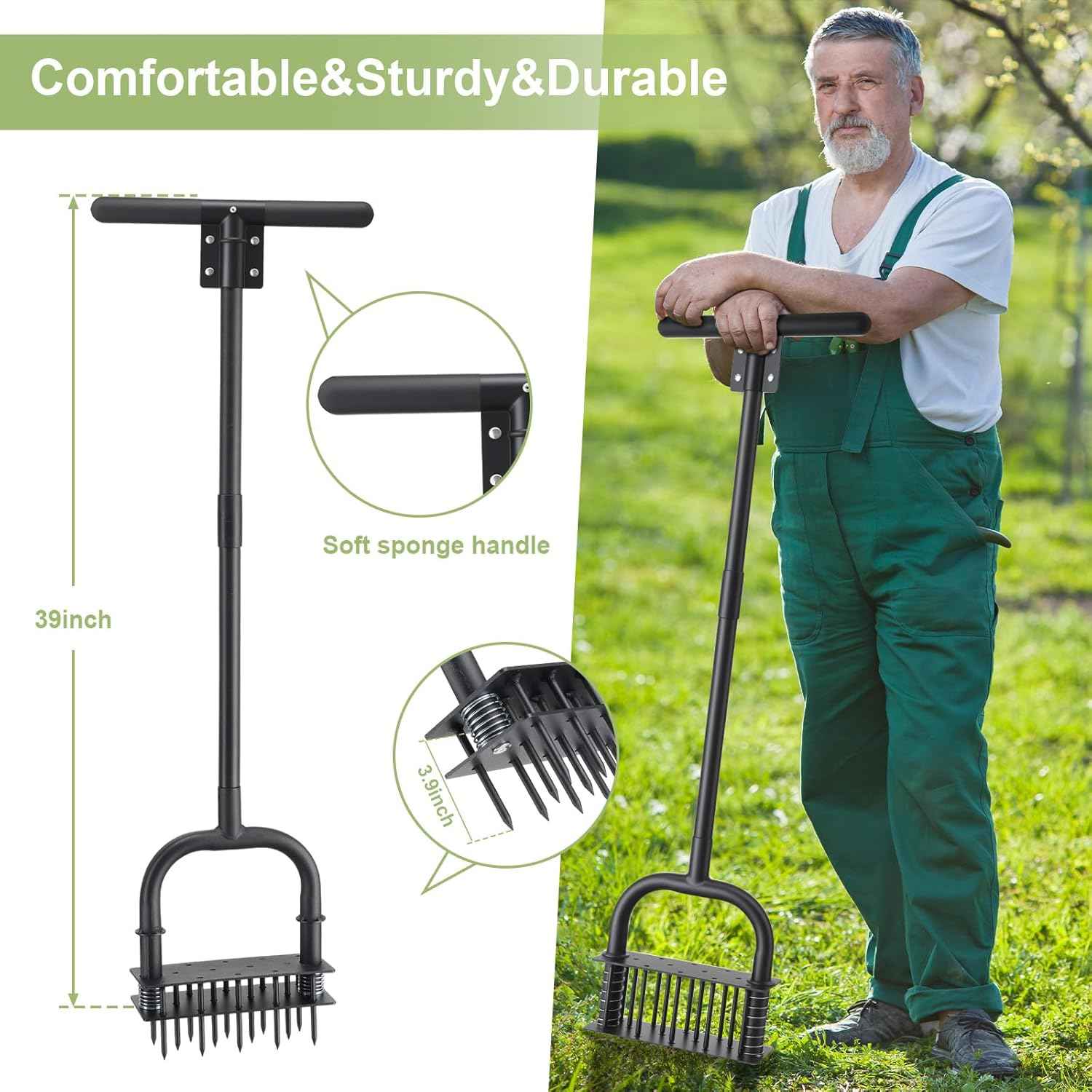 Lawn Aerator,39 inch Long Aerator Lawn Tool,Save Labour Core Aerator with 14 Steel Spikes,Manual Push Grass Aerator for Lawn and Garden,Yard
