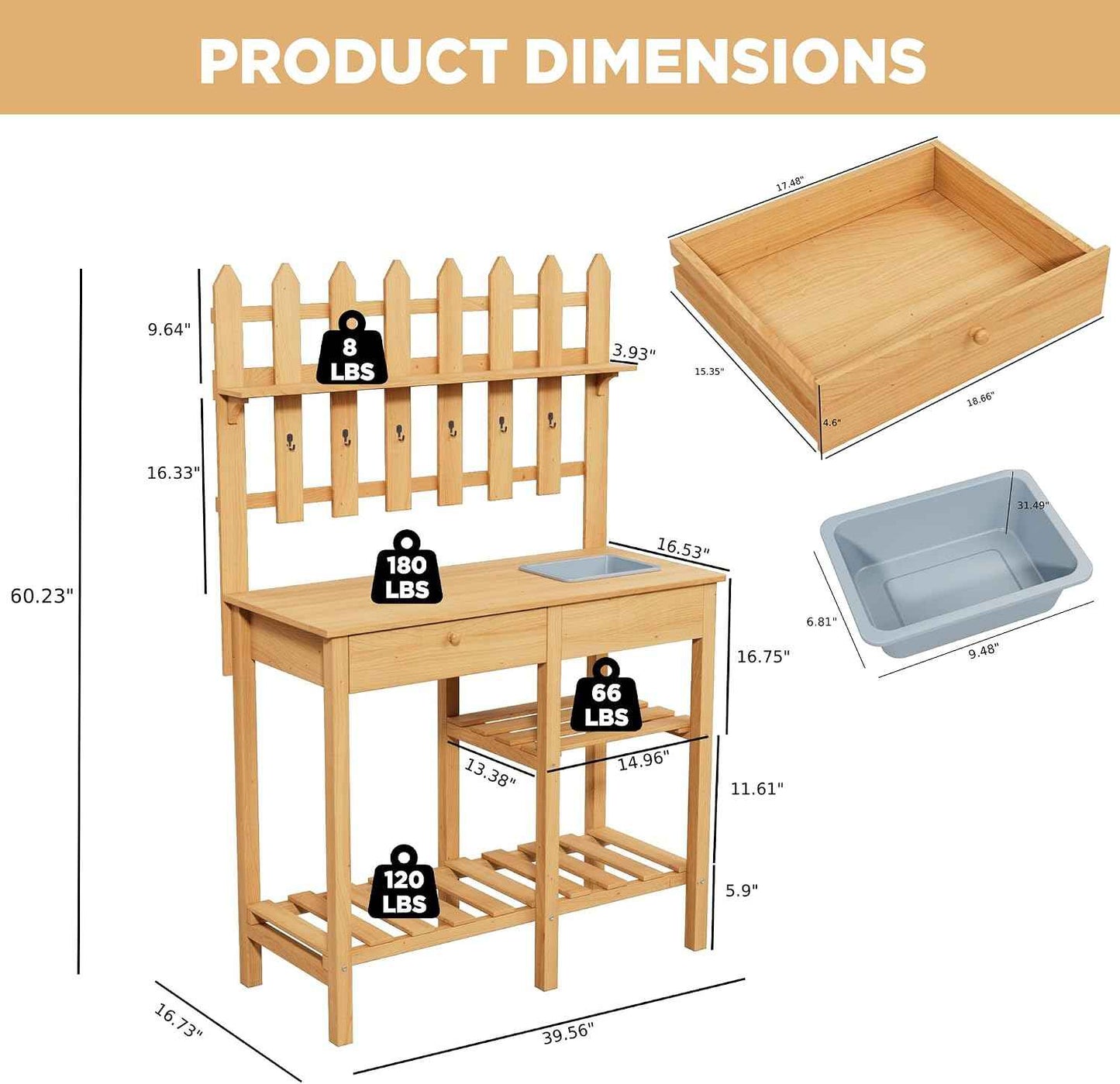 Outdoor Potting Bench, Wooden Potting Table with Built-in Sink, Drawer, Hooks & Storage Shelves – Large Gardening Bench for Outside Garden Workstation, Backyard Patio Balcony, Brown