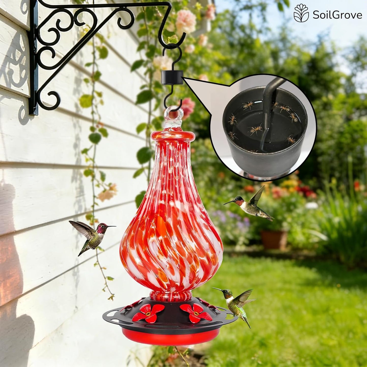 Glass Hummingbird Feeder,24oz Red Hand Blown Humming Bird Feeders for Outdoors Hanging with 5 Feeding Ports & Ant Moat, for Women Men,Hanging Garden Decor