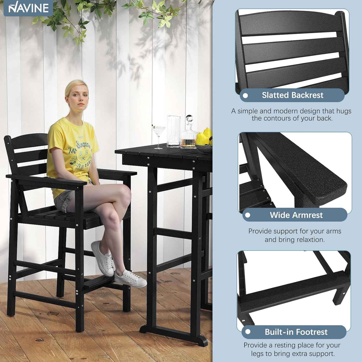 NAVINE 3-Piece Adirondack Bar Table and Chair Set, HDPE All-Weather Bar Height Chairs Set of 2 with Bar Table, Outdoor Patio Bar Set for Bistro, Balcony, Patio, Poolside, Black