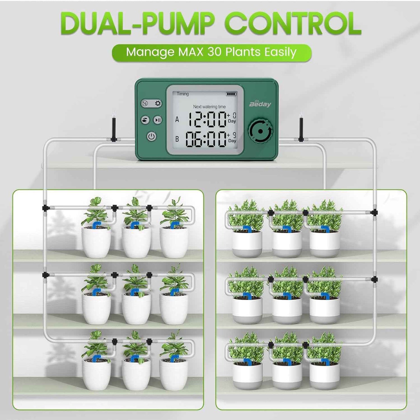 Solar Powered Dual Pump Drip Irrigation Kit for Outdoor Indoor Plants, 2-Zone Smart Self-Watering System with USB Charging, Automatic Plant Waterer for Garden Patio Balcony Vacation
