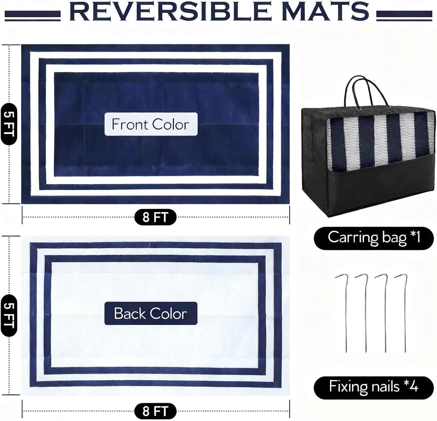 5'x 8' Outdoor Rug,Waterproof Reversible Patio Rugs,5x8 ft Plastic Straw Outdoor Carpet Foldable Plastic Camping Mat for Outside RV, Patio,Picnic,Camper,Balcony,Porch(Navy Blue &White)