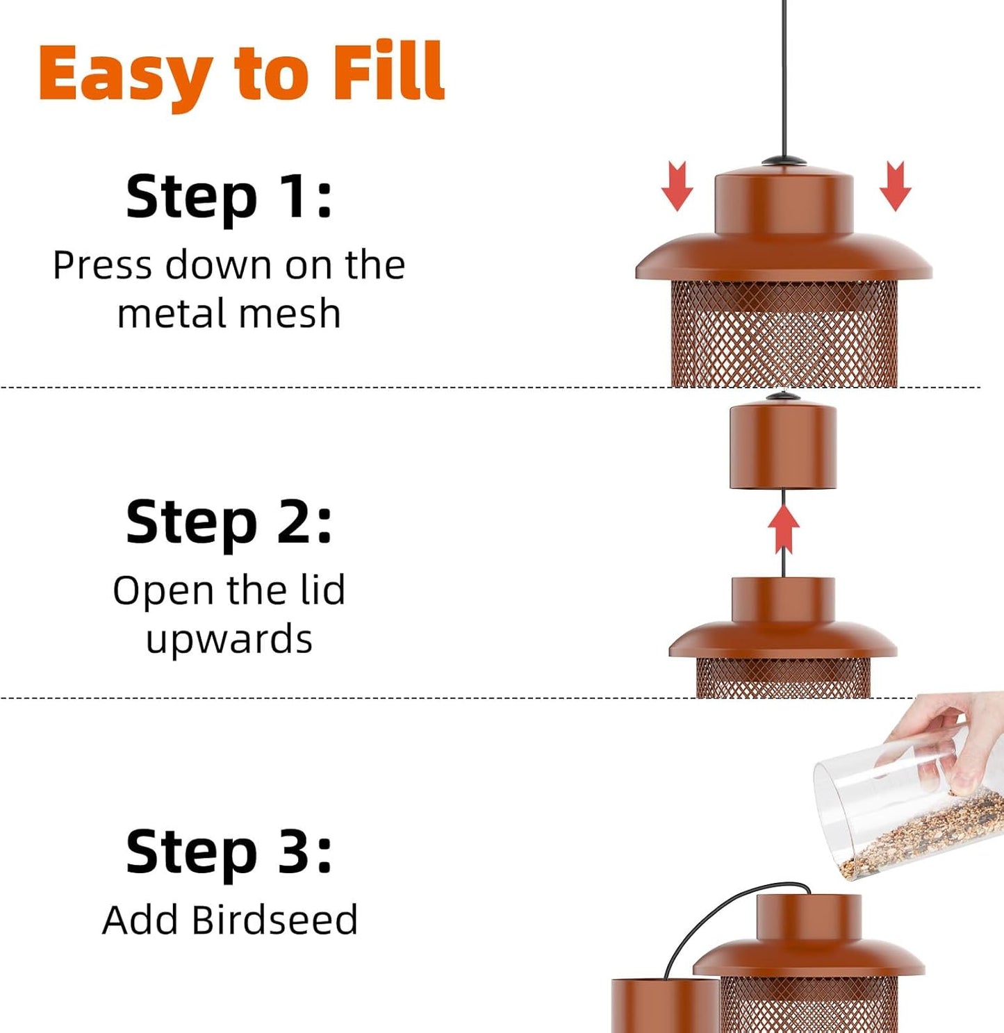 Metal Squirrel Proof Bird Feeder,Bird Feeders for Outdoors,Weight Activated Squirrel Proof Wild Bird Feeders with Finch Cardinal Chickadee,Large Capacity,Weatherproof and Durable,Reddish Brown