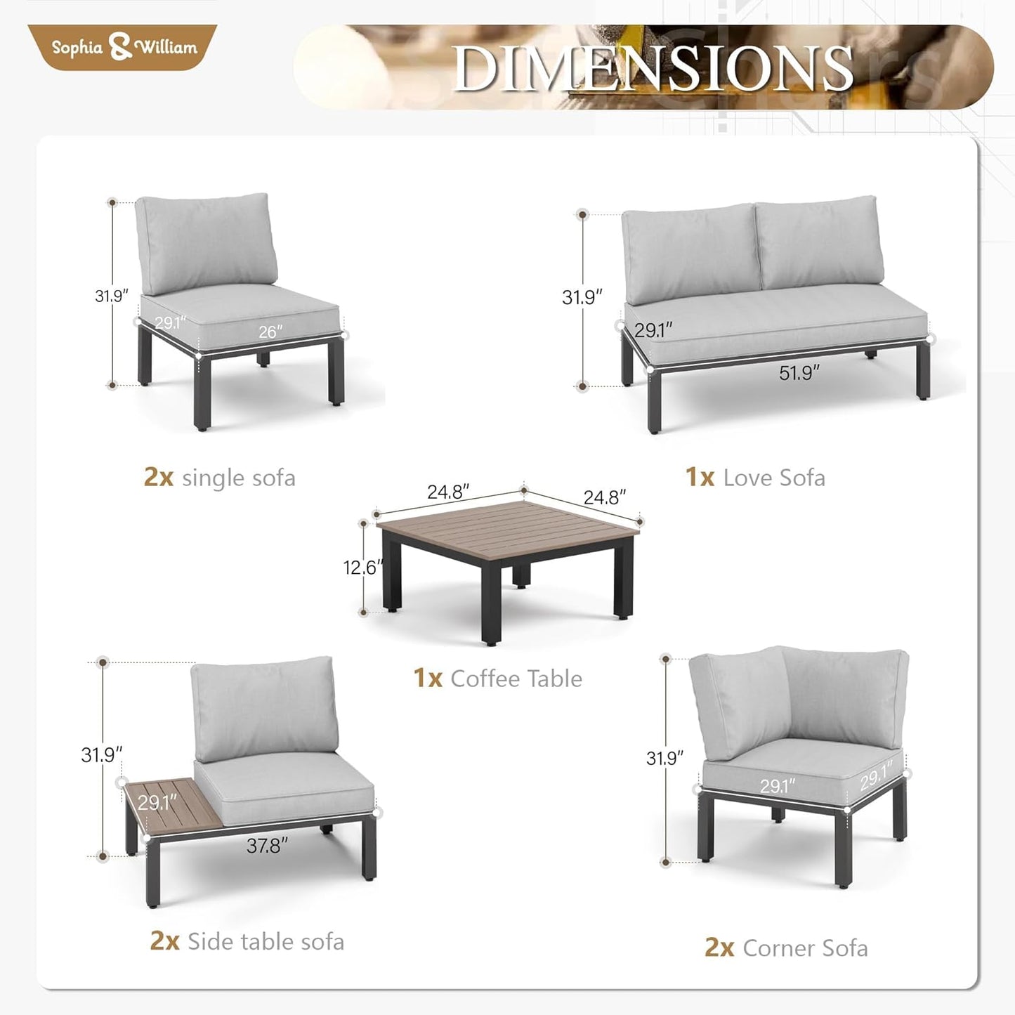 Sophia & William Outdoor Sectional Sofa, 9 Piece Metal Patio Furniture Set, Modular Patio Conversation Set-2 x Single Sofa with Side Table, 4 x Single Chairs, 1 x Loveseat, 1 x Tea Table
