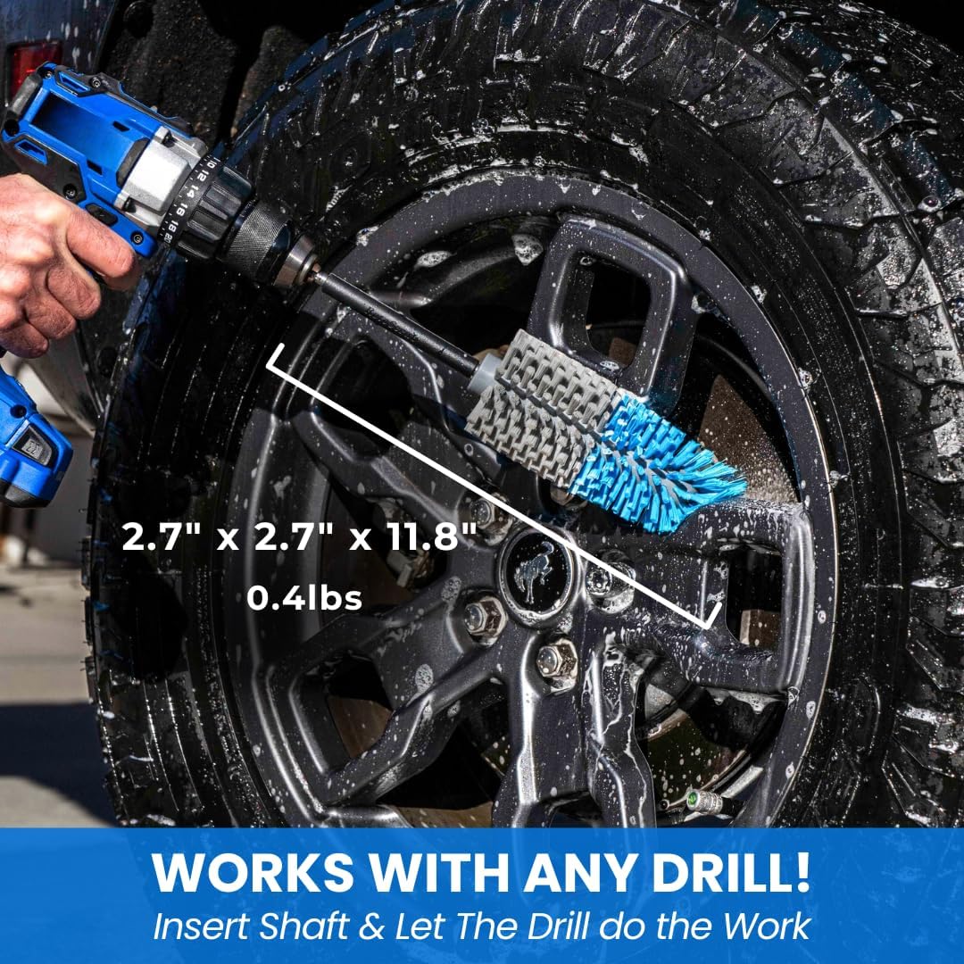 Long Reach Drill Brush Attachment, All Purpose for Car Tires, Wheels, Wheel Wells, Engine Bays, Exhaust Pipes, Running Boards, Hard to Reach Areas, with Heavy Duty Non-Scratch Nylon Bristles - Lumora Garden