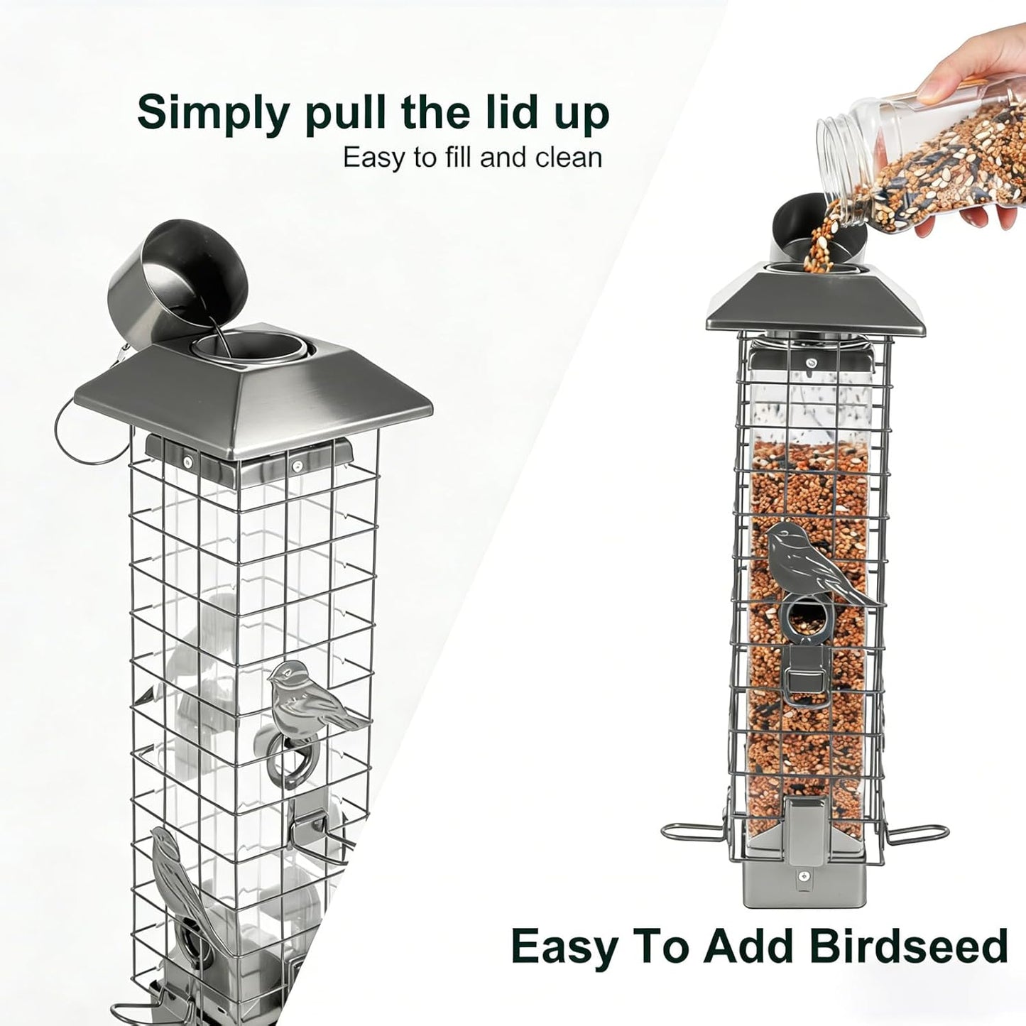 Squirrel Proof Bird Feeders for Outdoors, Metal Wild Bird Feeder for Outside Hanging, 4 Ports Perches, 3LB Large Capacity(Gray)