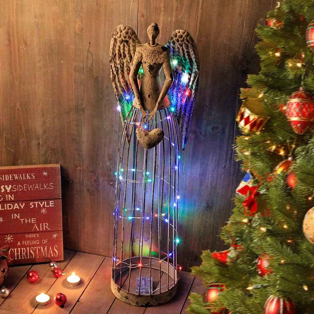 Antique Metal Garden Angel Statue Angel Art Patio Lawn Yard Indoor Outdoor Decorations with LED String Light 19ft/6m Mother's Day