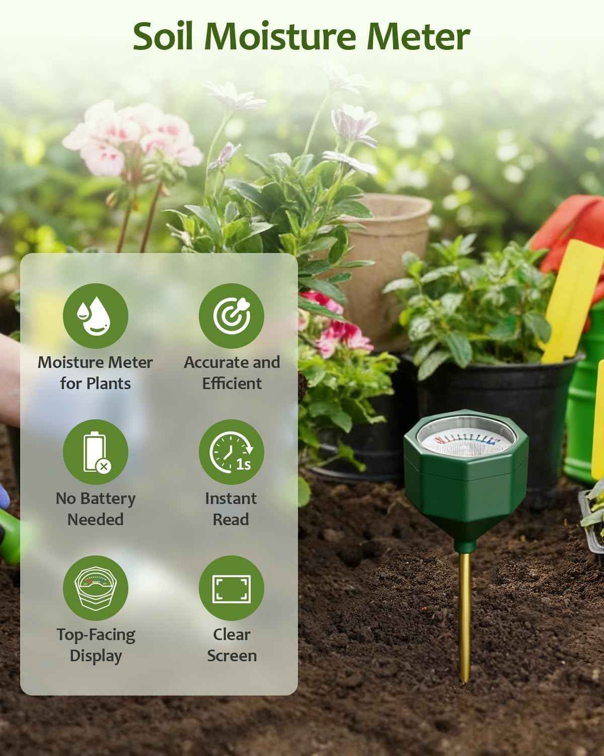 Soil Moisture Meter, Plant Water Monitor Hygrometer Sensor, Accurate Plant Water Meter, Soil Test Kit for Houseplants, Garden, Farm & Lawn, Indoor Outdoor Use, No Battery Required-OliveGreen