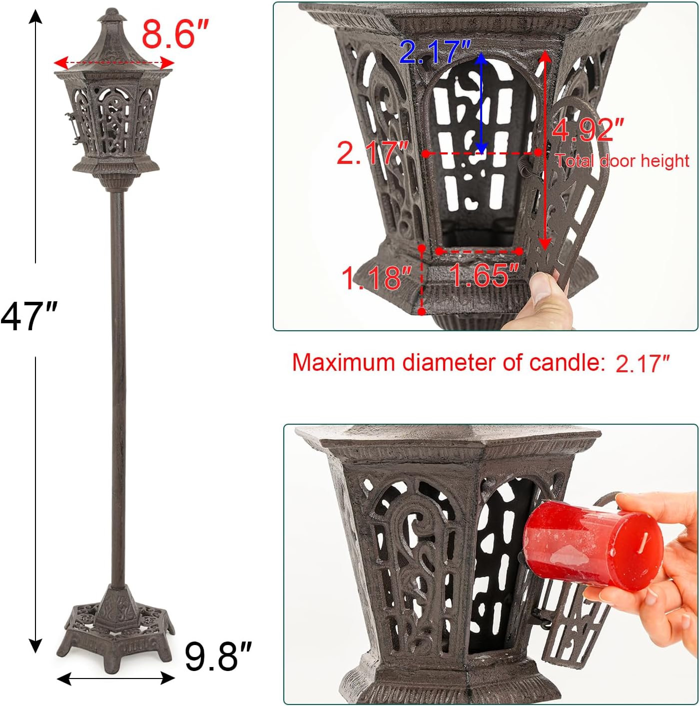 Sungmor Outdoor Decorative Lanterns, 47" Tall Cast Iron Floor Standing Candle Holders, Rustic Lantern Stand for Lawn Yard, Heavy Garden Lamp Post Porch Decor, Large Landscaping Candle Lantern