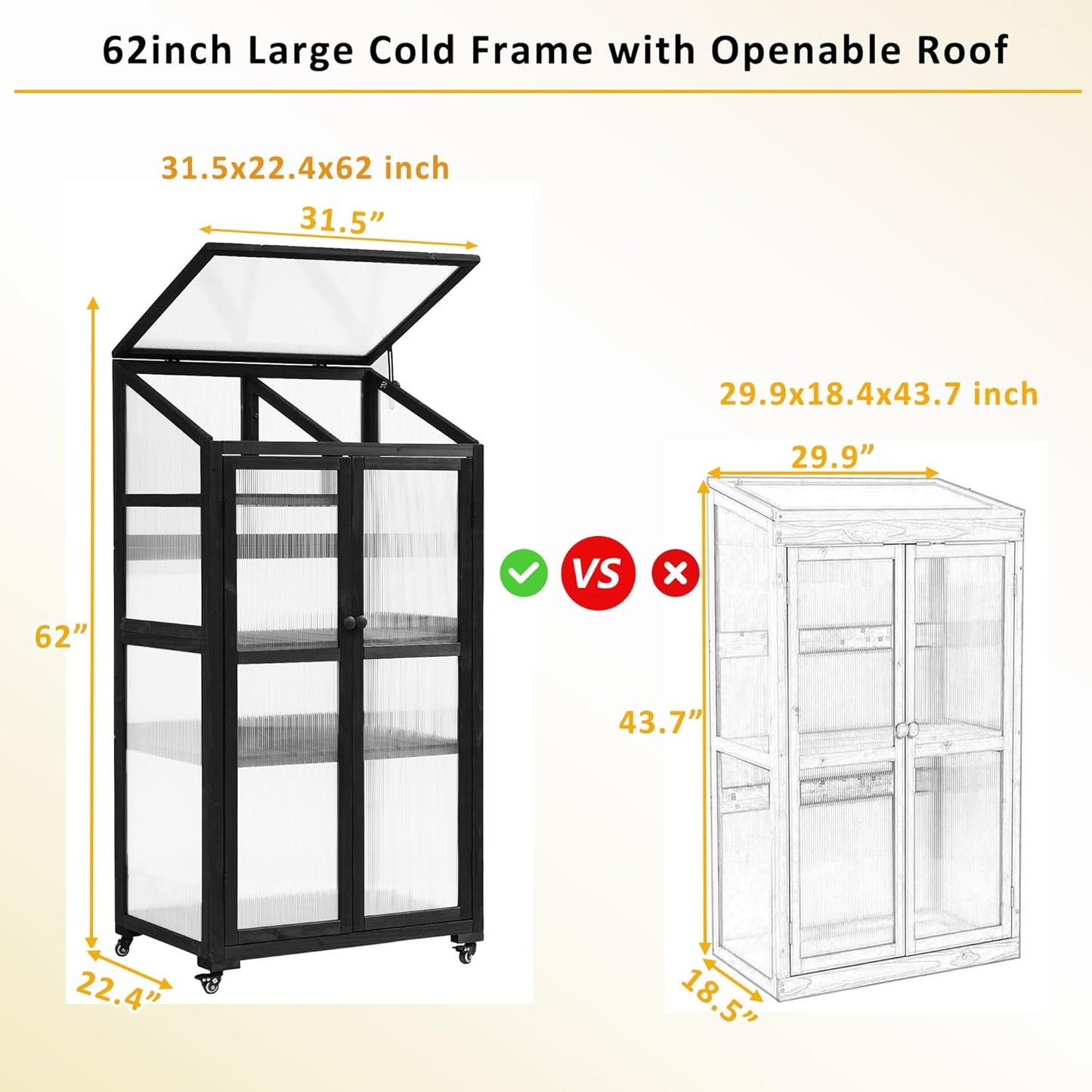 UMISOL 62" H Wooden Greenhouse, Balcony Portable Cold Frame with Wheels and Adjustable Shelves, Large Greenhouse for Outdoor Indoor Use, Black