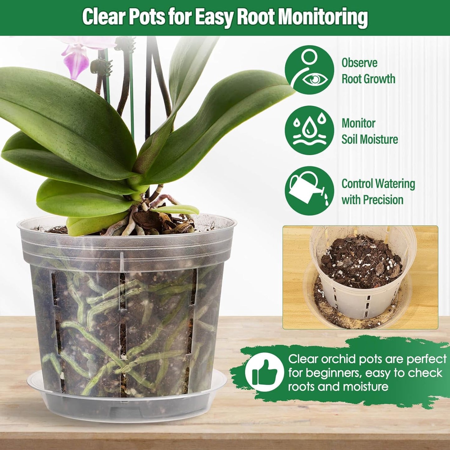 12 Pack Plastic Orchid Pots with Holes, 4, 5, 6 Inch Clear Orchid Pots for Repotting with Saucers Drainage and Plant Stakes, Large Small Breathable Orchids Planter Plant Pot