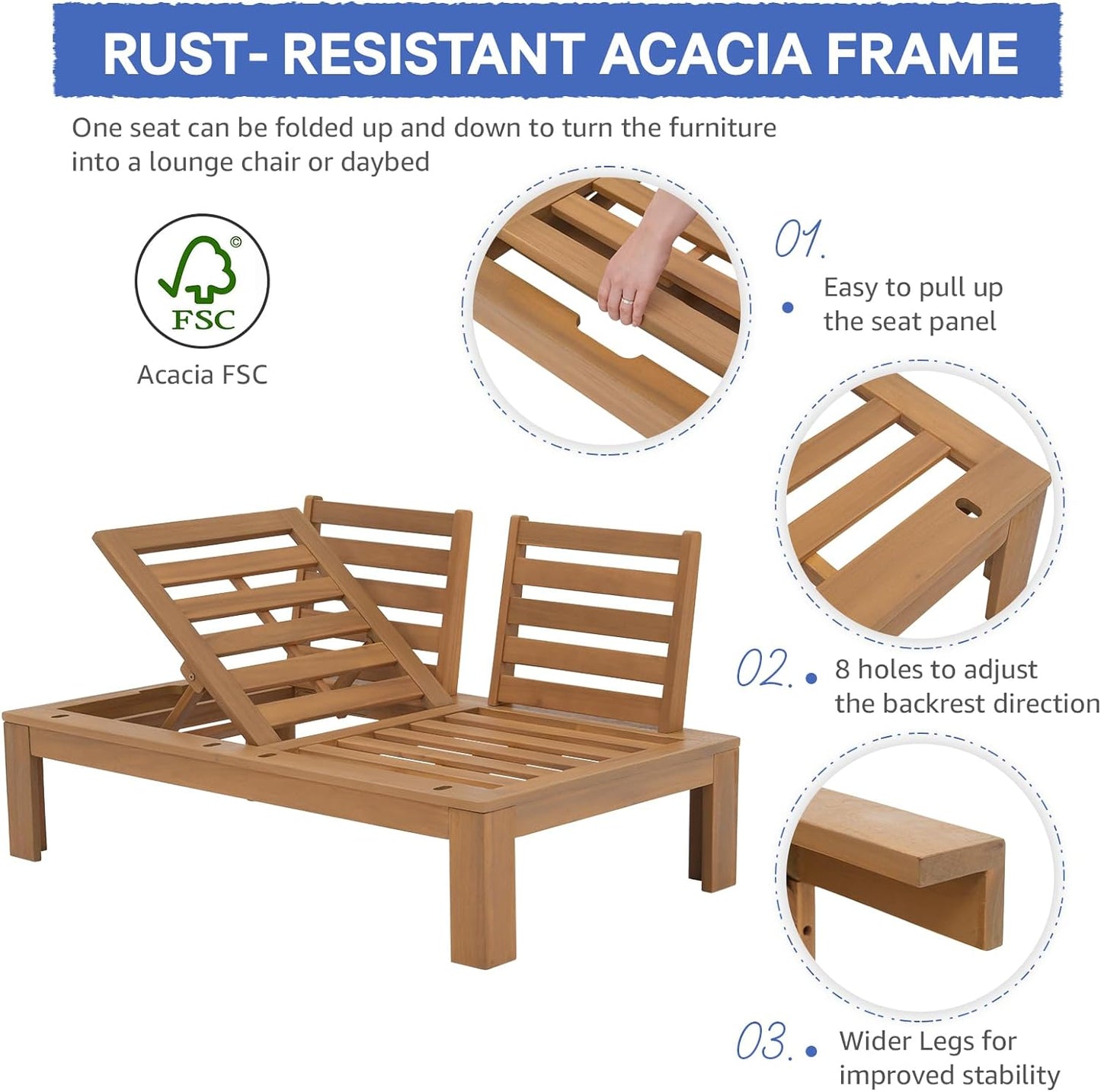 SUNSITT 2 Piece Acacia Wood Patio Furniture Outdoor Loveseat Sofa Set with Adjustable Armrest, FSC Certified L-Shaped Patio Set w/2-in-1 Coffee Table, Grey Cushions for Garden