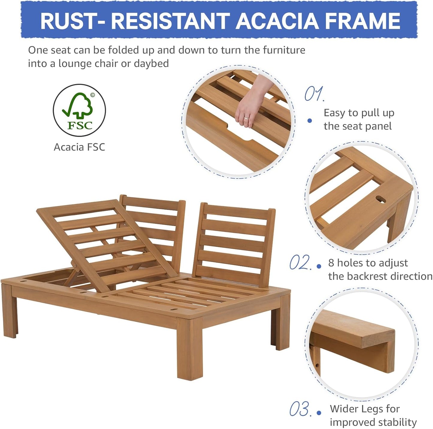 SUNSITT 2 Piece Acacia Wood Patio Furniture Outdoor Loveseat Sofa Set with Adjustable Armrest, FSC Certified L-Shaped Patio Set w/2-in-1 Coffee Table, Cream White Cushions for Garden