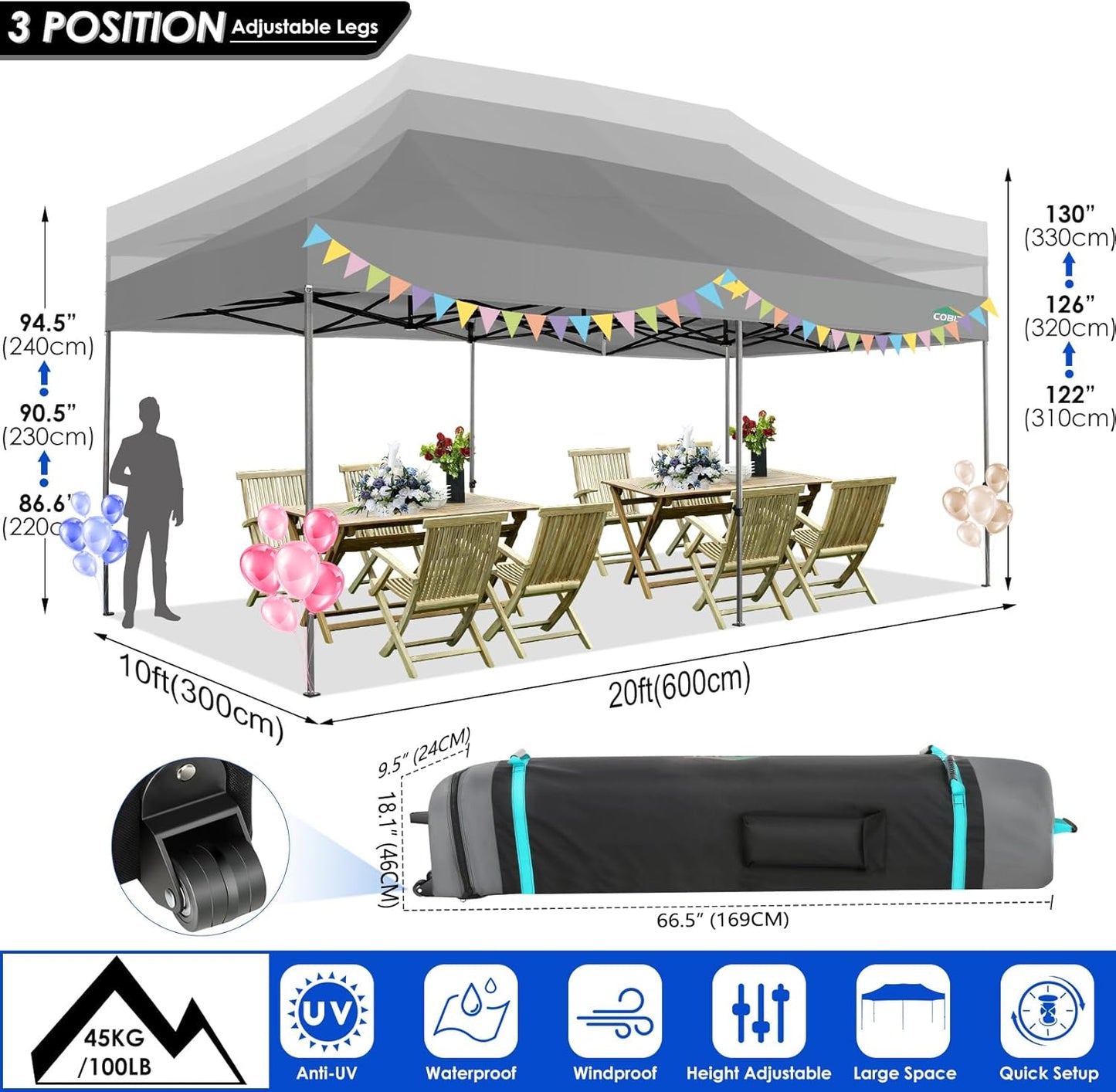 COBIZI 10x20 Canopy with Sidewalls, Heavy Duty Party Tent Pop up carpas para Fiestas, Tents for Parties, Wedding, Outdoor Ez up Foldable Portable Canopy Tent with Wheeled Bag, Grey(Windproof Upgrade)