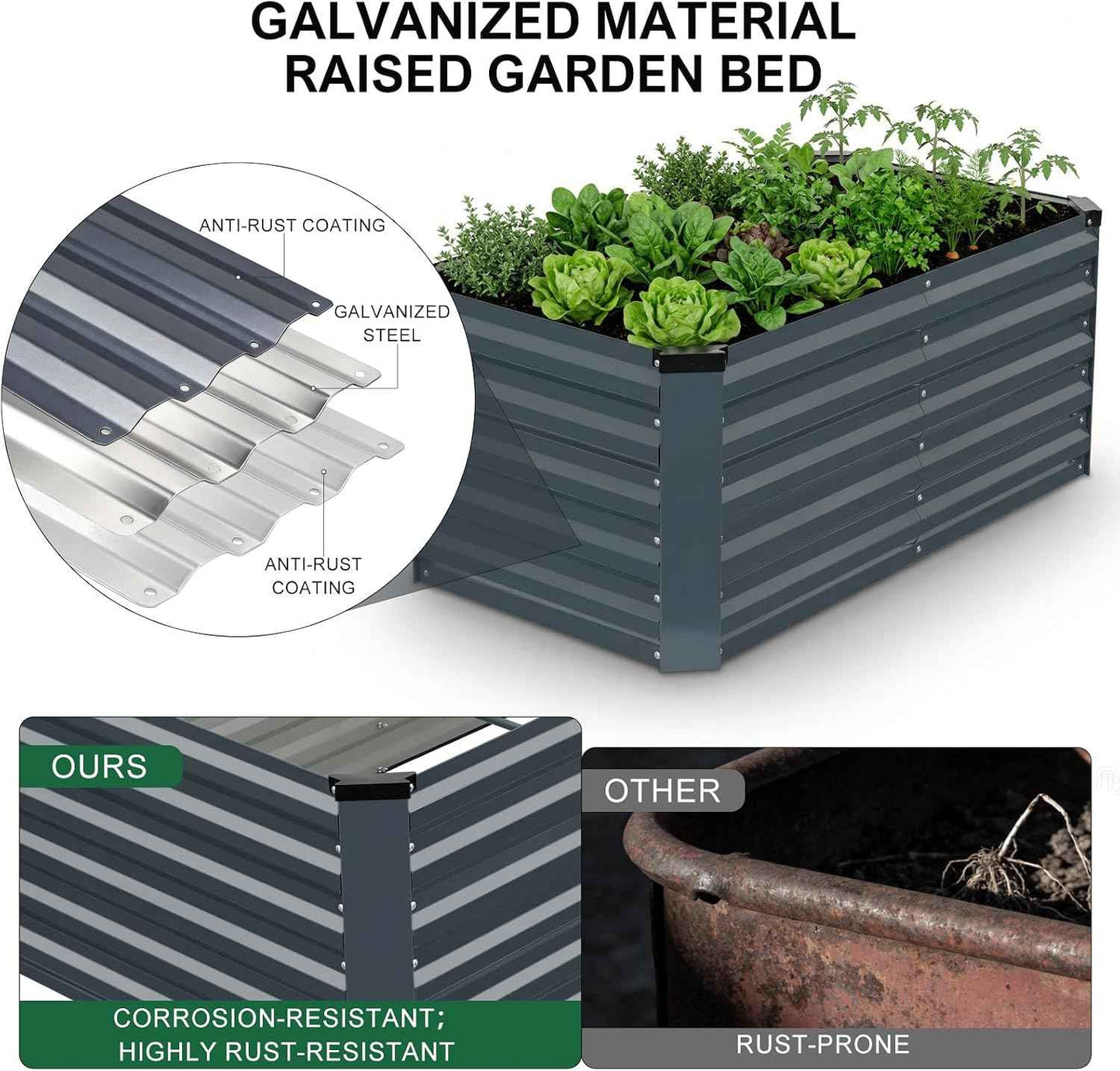 Galvanized Raised Garden Bed 4x2x2ft, Raised Beds for Gardening, Reinforced Support Bars & Safety Edges for Vegetables, Flowers, Herbs, Gray (Grey, 4x2x2FT)