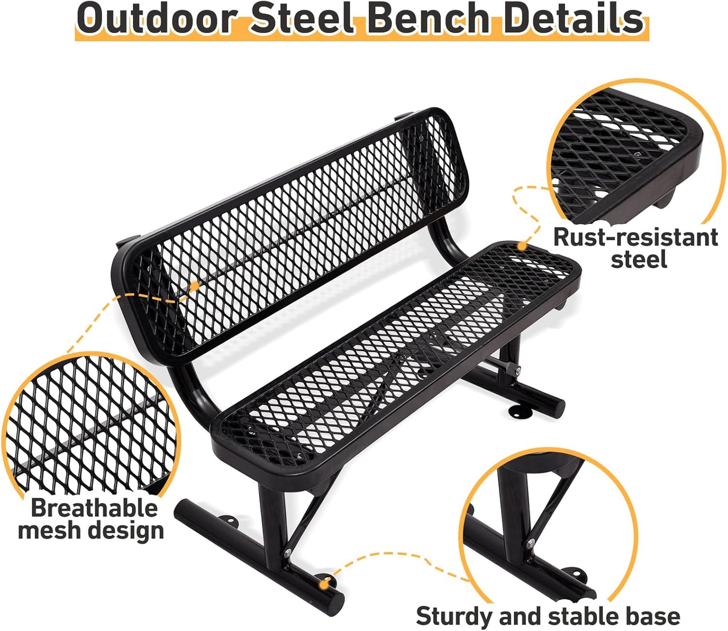 Drexo 4FT Heavy Duty Park Bench with Back Portable Frame, Outdoor Metal Park Bench with Backrest, Steel Mesh Outdoor Bench for Garden, Lawn, Patio, Porch, Park, Yard, Black
