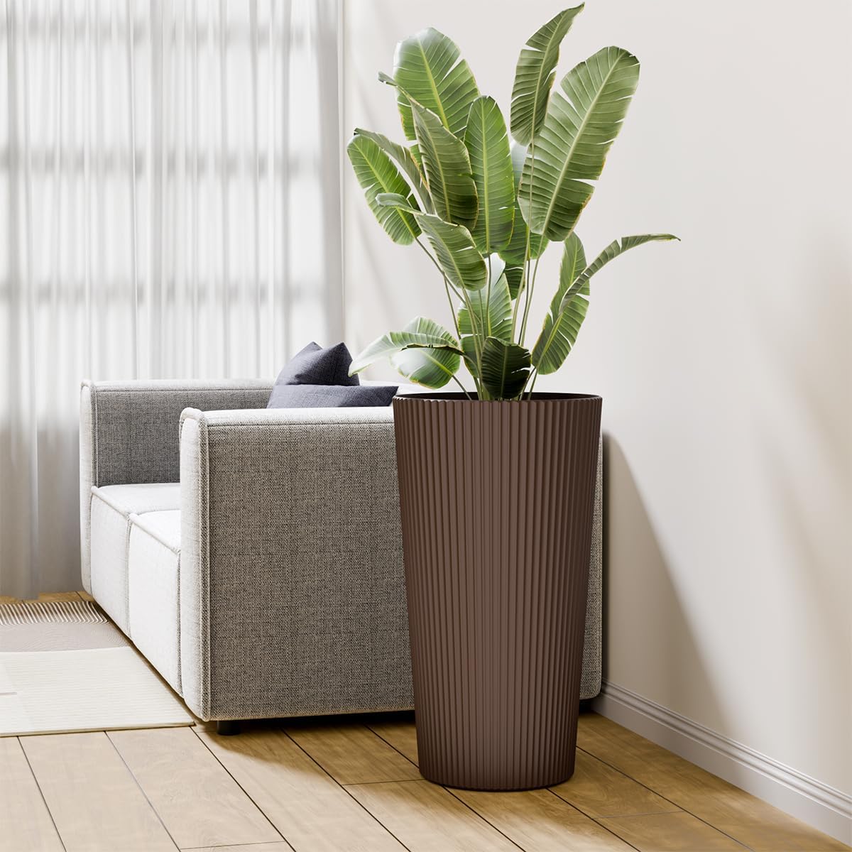23.6" Tall Planters for Outdoor Plants,Large Outdoor Planters for Front Porch Decor with Drainage Hole, Flower Pots Fits Indoor Plants Patio/Garden, Plastic Striped Brown(2 Pack)