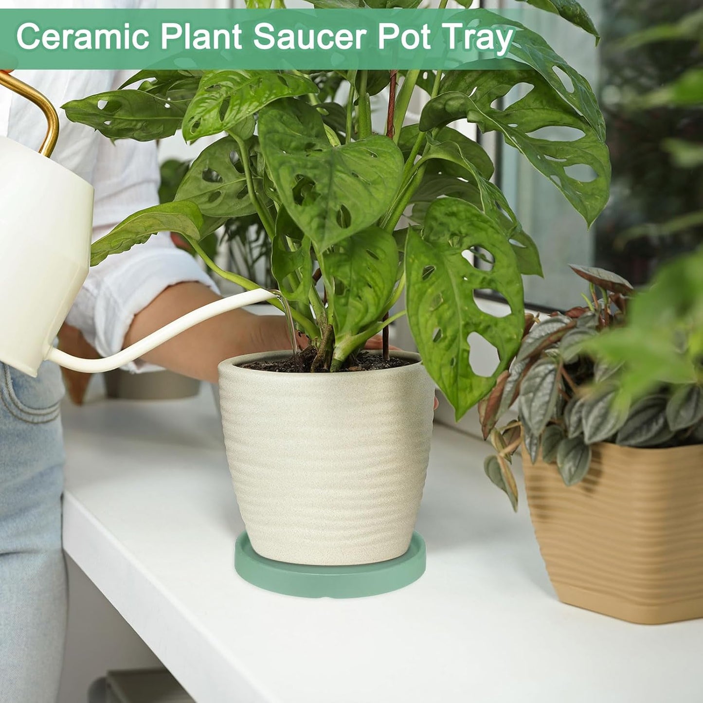 M METERXITY Ceramic Plant Saucer, 6.3 Inch Plant Water Catcher Tray, Plant Pot Saucers for Indoor/Outdoor Plants/Flower Drainage Drip Water Tray [Round Green Blue]
