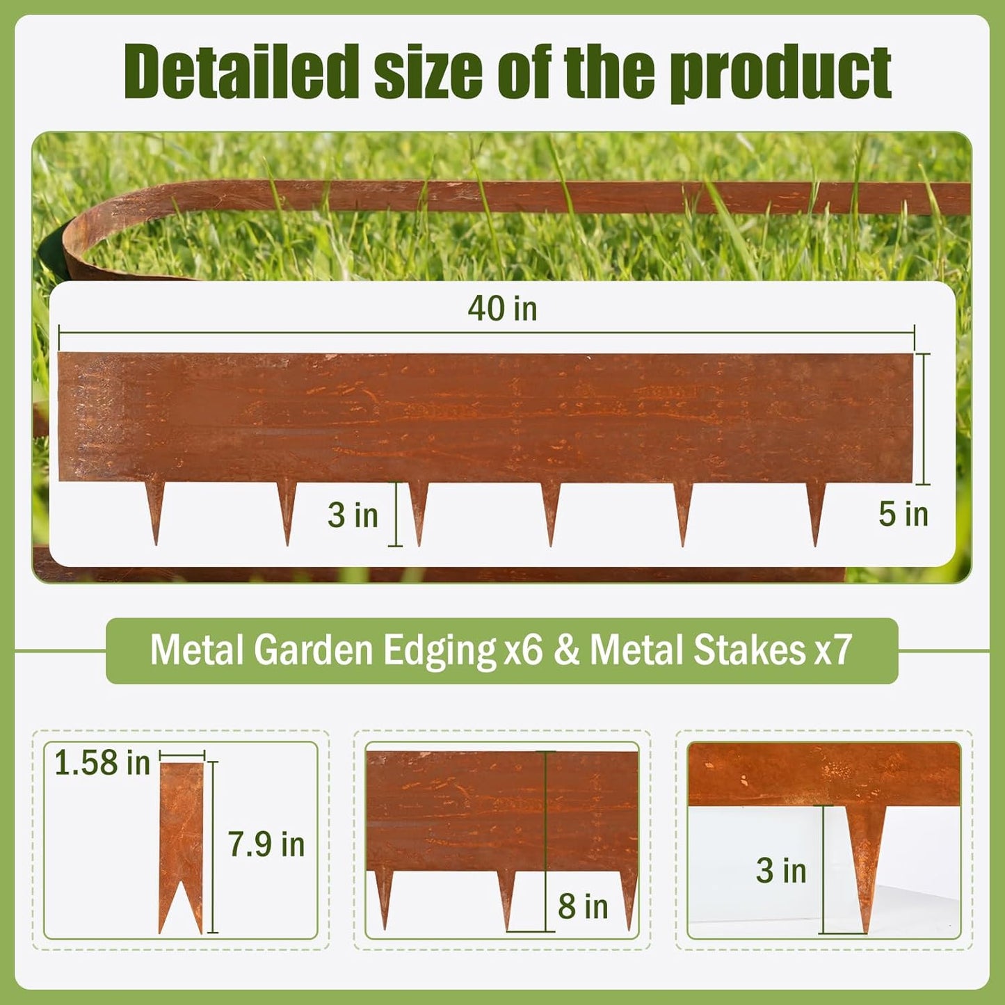 20ft. Cor-Ten Landscape Edging 8 inch，6 Pack Metal Landscape Edging with 7 Stakes & Gloves, Bendable Steel Edging for Landscaping as Flower Bed Yard Pathway Divider （40" L x 8" H, Rusted）