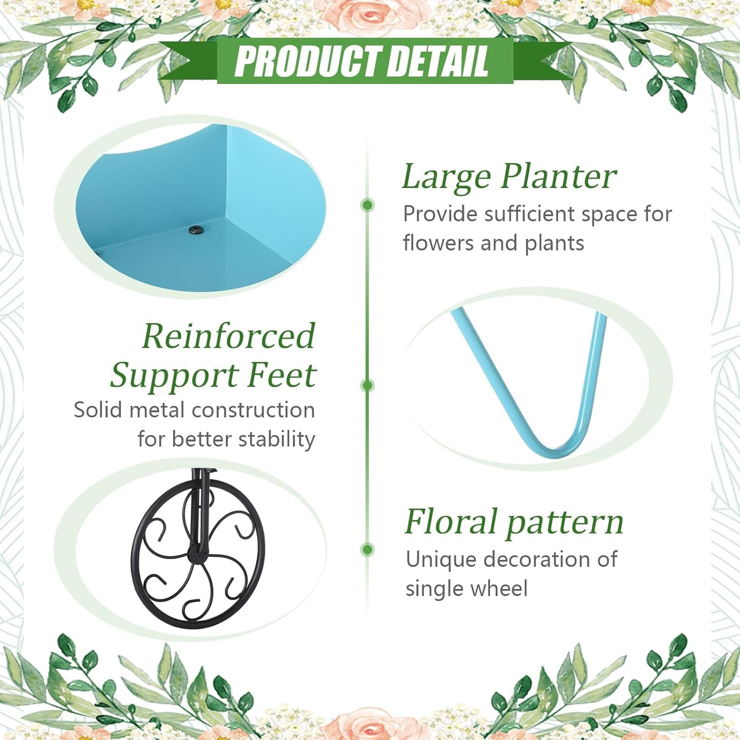 BBTO 2 Pcs Metal Wagon Planter Flower Cart Wheelbarrow Flower Pot Stand with Wheels, Handle - Vintage Garden Wagon for Vegetables Herbs, Indoor Outdoor Decorative Cart for Home Balcony Patio Backyard