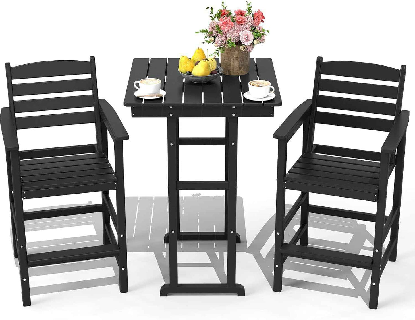 NAVINE 3-Piece Adirondack Bar Table and Chair Set, HDPE All-Weather Bar Height Chairs Set of 2 with Bar Table, Outdoor Patio Bar Set for Bistro, Balcony, Patio, Poolside, Black