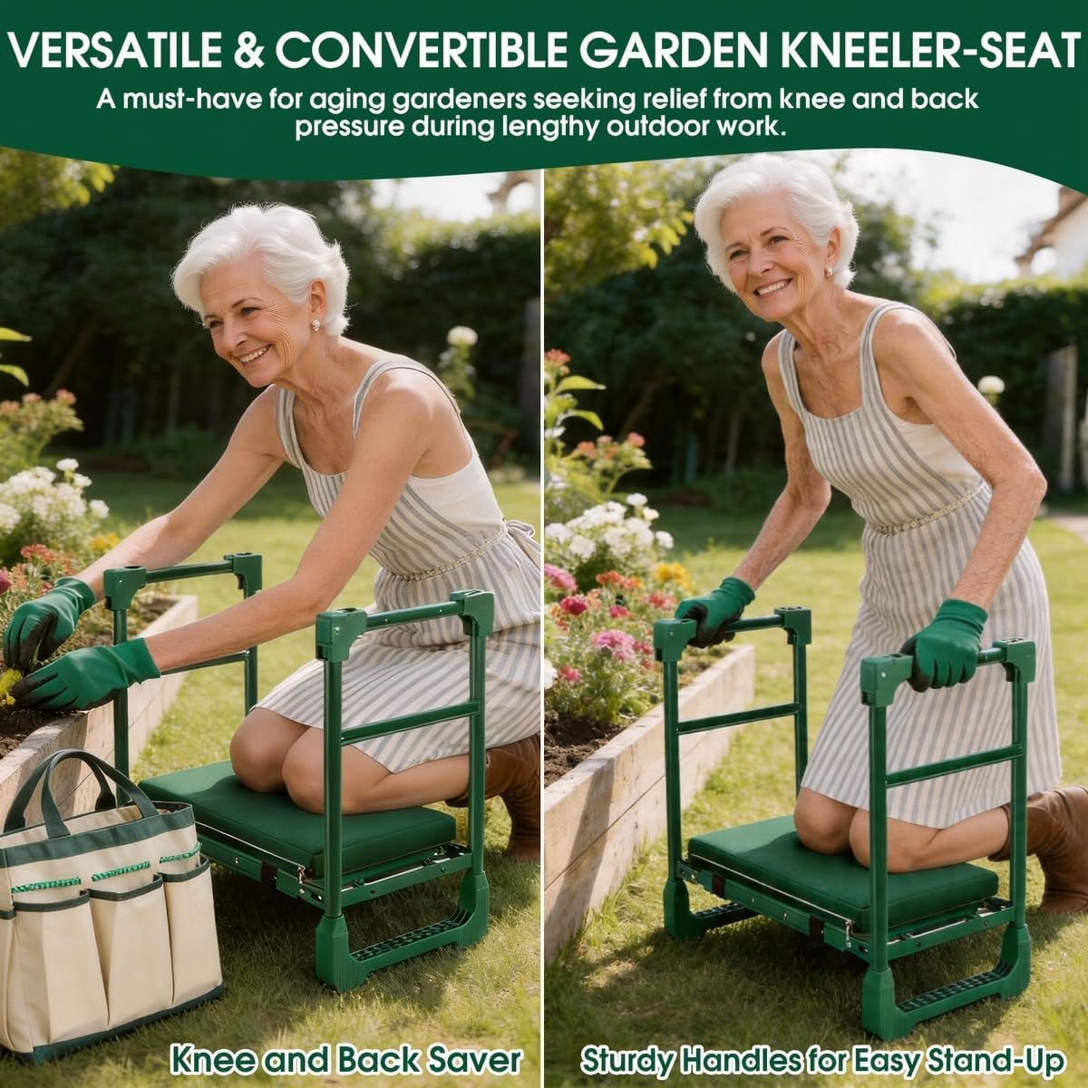 Garden Kneeler and Seat for Seniors: Heavy Duty 420 LBS Support Anti-Tip Multifunctional Gardening Stool Bench with Widened Thick Soft Kneeling Pad & Tool Bag - Foldable for Gardeners