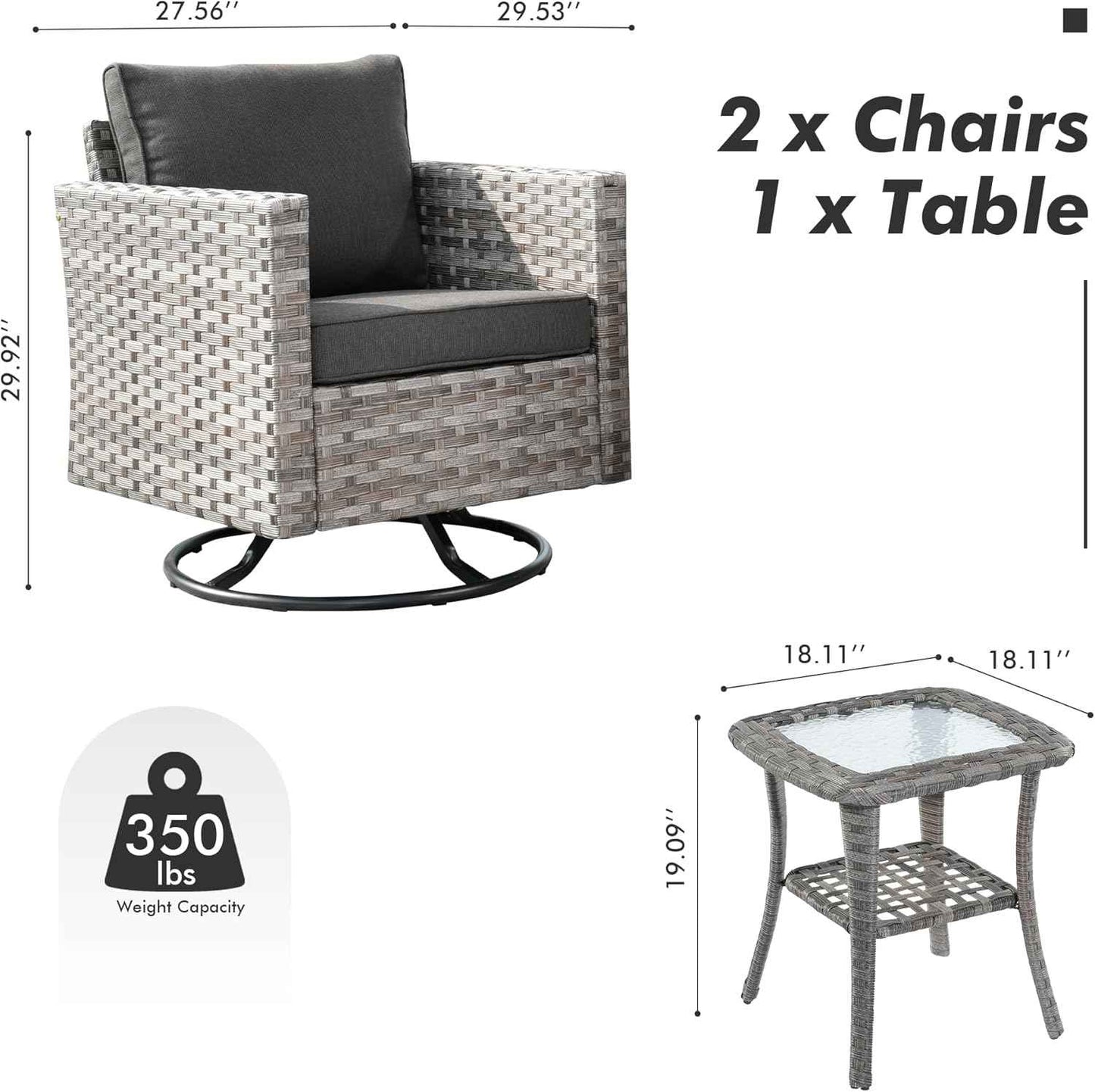Patio Swivel Rocking Chair Set of 2 with Coffee Table,Comfortable Outdoor Wicker Glider Chair with Deep Seat, Porch Rocker Chair for Balcony Garden Backyard (Black)