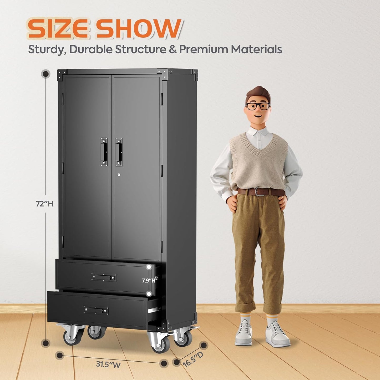 Metal Storage Cabinet with 2 Drawers, Garage Tool Cabinet on Wheels for Home Office Garage,Assembly Required,Black