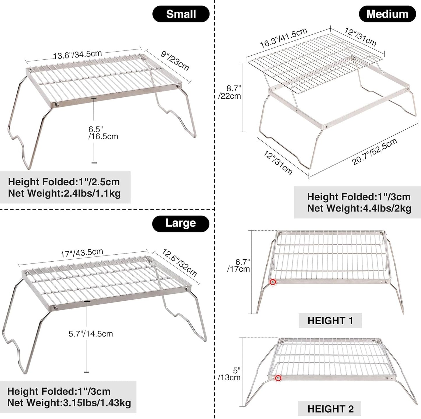 REDCAMP 17" Large Folding Campfire Grill 304 Stainless Steel Grate, Heavy Duty Portable Camping Grill with Carrying Bag for Outdoor Cooking Backpacking Hiking Picnics BBQ