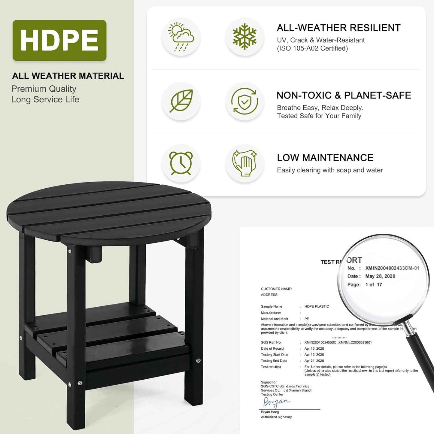 Adirondack Outdoor Side Tables, 2-Tier Round Outdoor Table, Weather Resistant HDPE Patio End Table for Garden, Lawn, Pool, Beach, Porch, Deck, Backyard - Black