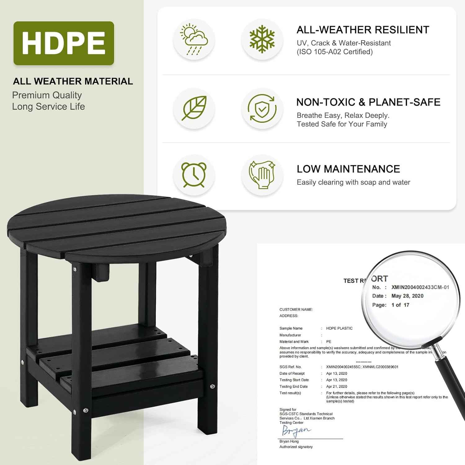 Adirondack Outdoor Side Tables, 2-Tier Round Outdoor Table, Weather Resistant HDPE Patio End Table for Garden, Lawn, Pool, Beach, Porch, Deck, Backyard - Black