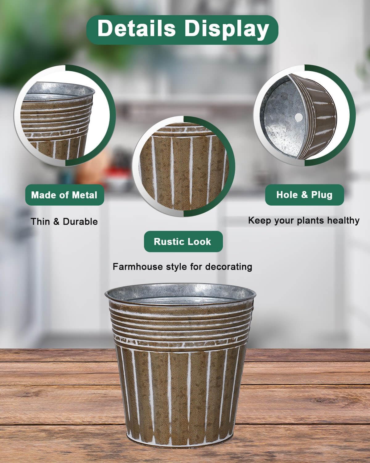 vensovo 4 Inch Brown Metal Rustic Flower Pots - 6Pcs Small Galvanized Planters with Drainage Hole and Rubber Plug, Rustproof Metal Bucket Plant Pots Farmhouse Vintage Style for Decor