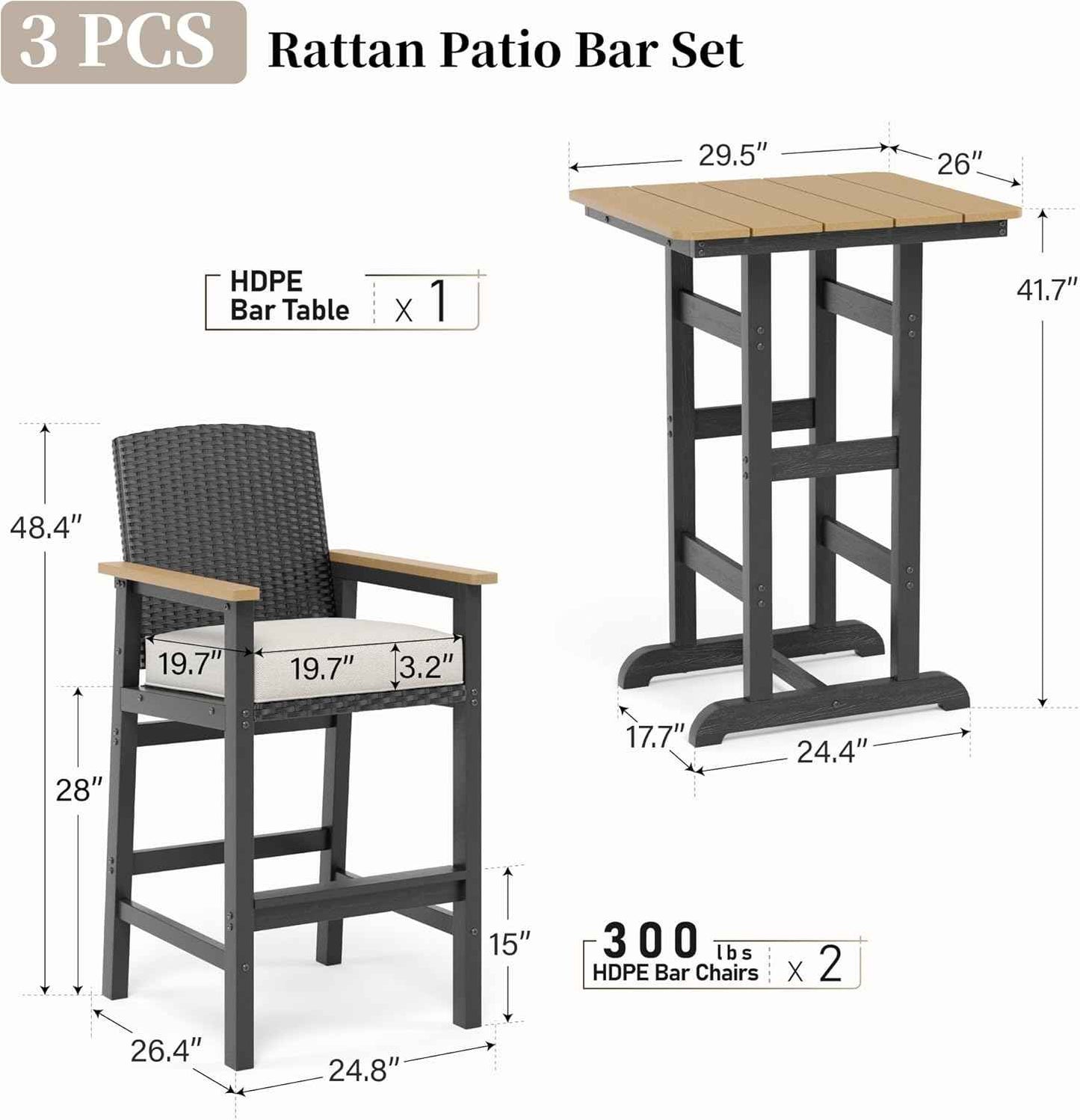 SUNSHINE VALLEY Outdoor Bar Set 3 Piece, All Weather HDPE High Top Table and Wicker Bar Chairs with 3.2” Cushion, Bar Height Patio Set for Backyard Poolside, Black