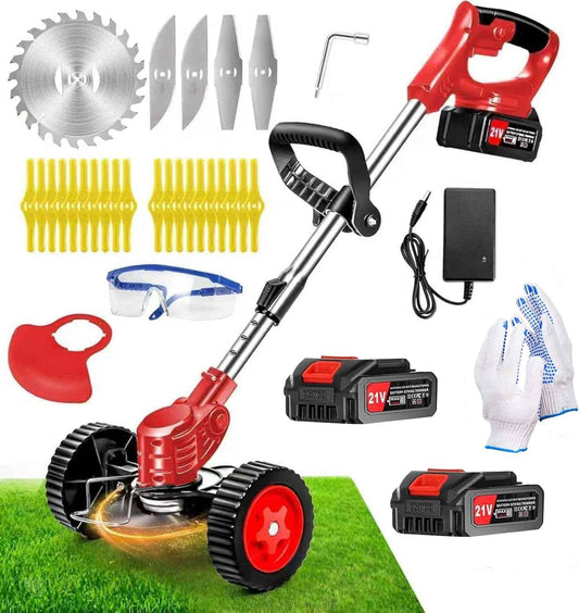 Cordless Weed Wacker, Electric Grass Trimmer 21V 2.0Ah Battery Powered Weed Trimmer, 3 in 1 Stringless Lightweight Brush Cutter/Edger/Mower with 4 Types Blade & Wheels for Garden and Yard Lawn