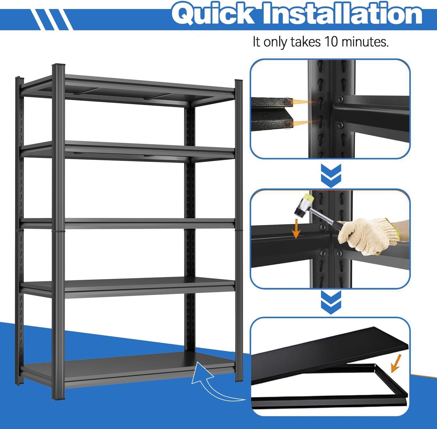 Garage Shelving 3000LBS Metal Storage Shelves Adjustable Shelving Units 5-Tier Storage Shelves Heavy Duty for Basement, Commercial, Warehouse, Industrial, Black