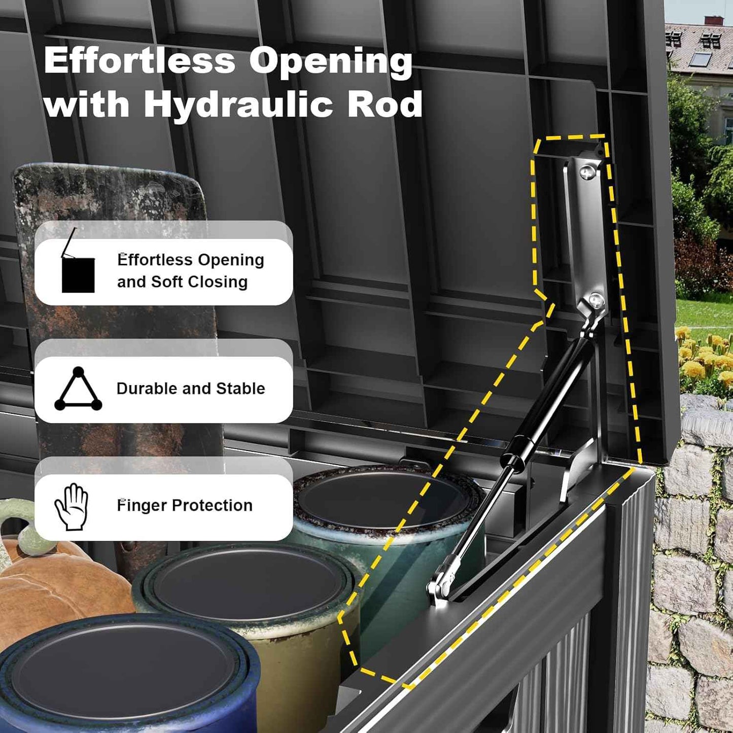150 Gallon Large Outdoor Storage Box Waterproof, UV Resistant Resin Deck Box with Hydraulic Rod & Lockable Latch for Patio Furniture, Outside Storage Box for Garden Tools, Patio Cushions, Black