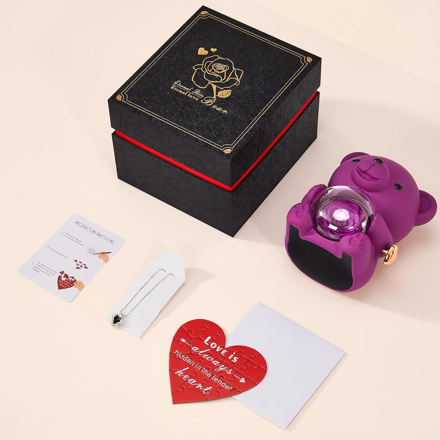 Mikasol Romantic Teddy Purple Bear with Preserved Rose - Real Rose in Elegant Black Gift Box for Anniversaries, Weddings, Bridal Showers, and Mother's Day