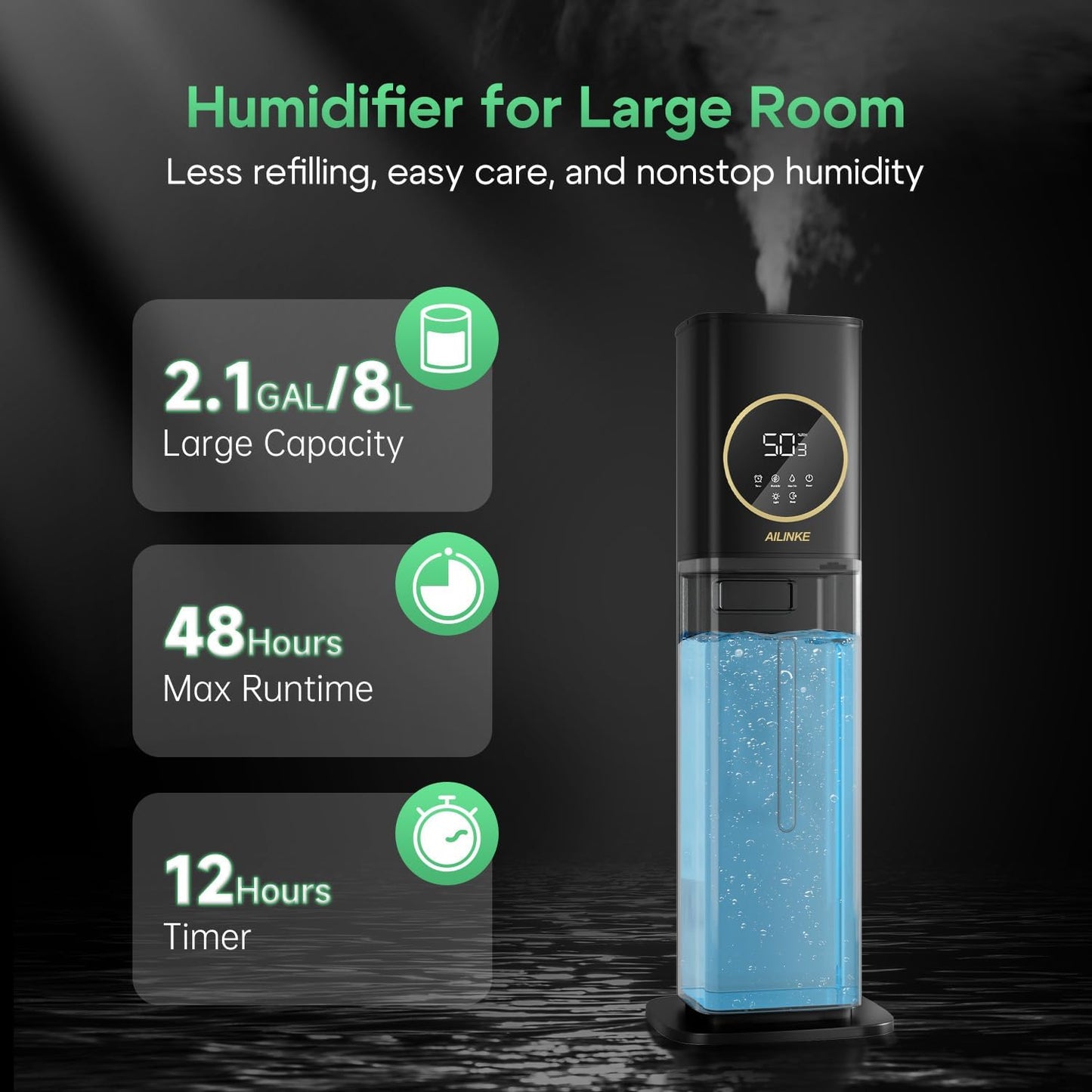 Humidifier for Plants Indoor, Reptile Fogger with Humidity Control - 2.1Gal/8L Cool Mist Humidifier with Humidity Probe/Expandable Hose, Terrarium, Greenhouse, Grow Tent, Houseplants, Reptiles