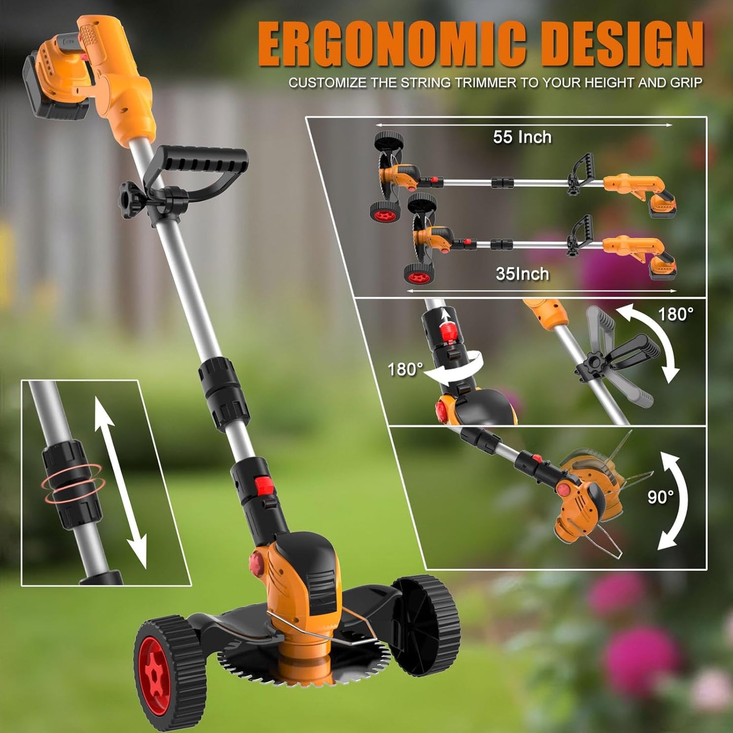 Cordless Weed Wacker Electric Eater Battery Powered, 21v Lightweight Weed Trimmer With 2 4.0Ah Battery Operated & Charger & Wheels & Shears, 3 In1 Grass Trimmer/Brush Cutter/Edger for Yard Garden Lawn